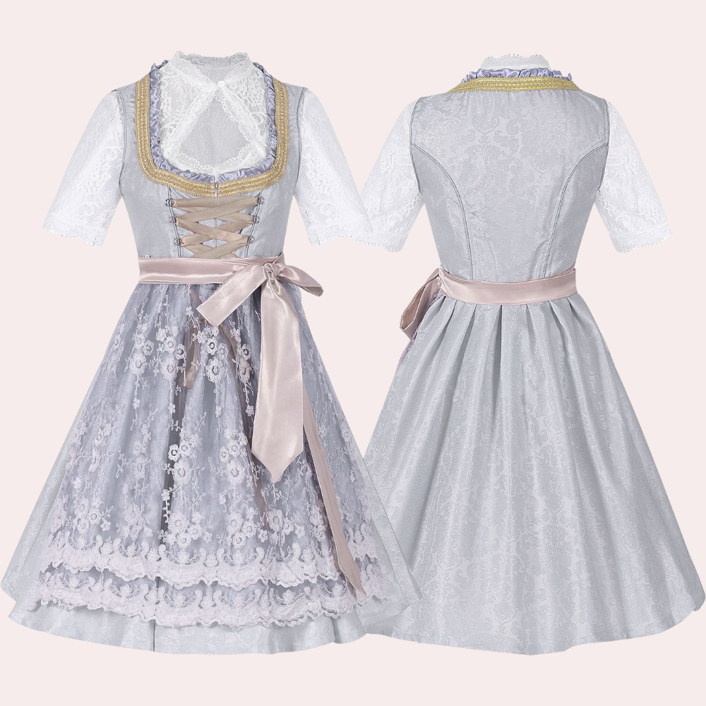 Grijze dirndl jurk met kanten details, satijnen lint en traditionele bies. Ideaal voor Oktoberfest, feestkleding, Beierse stijl.