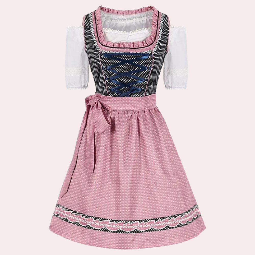 Traditionele roze en zwarte dirndl jurk met witte blouse, geruite details en strik. Perfect voor Oktoberfest, Beierse kleding, damesmode.