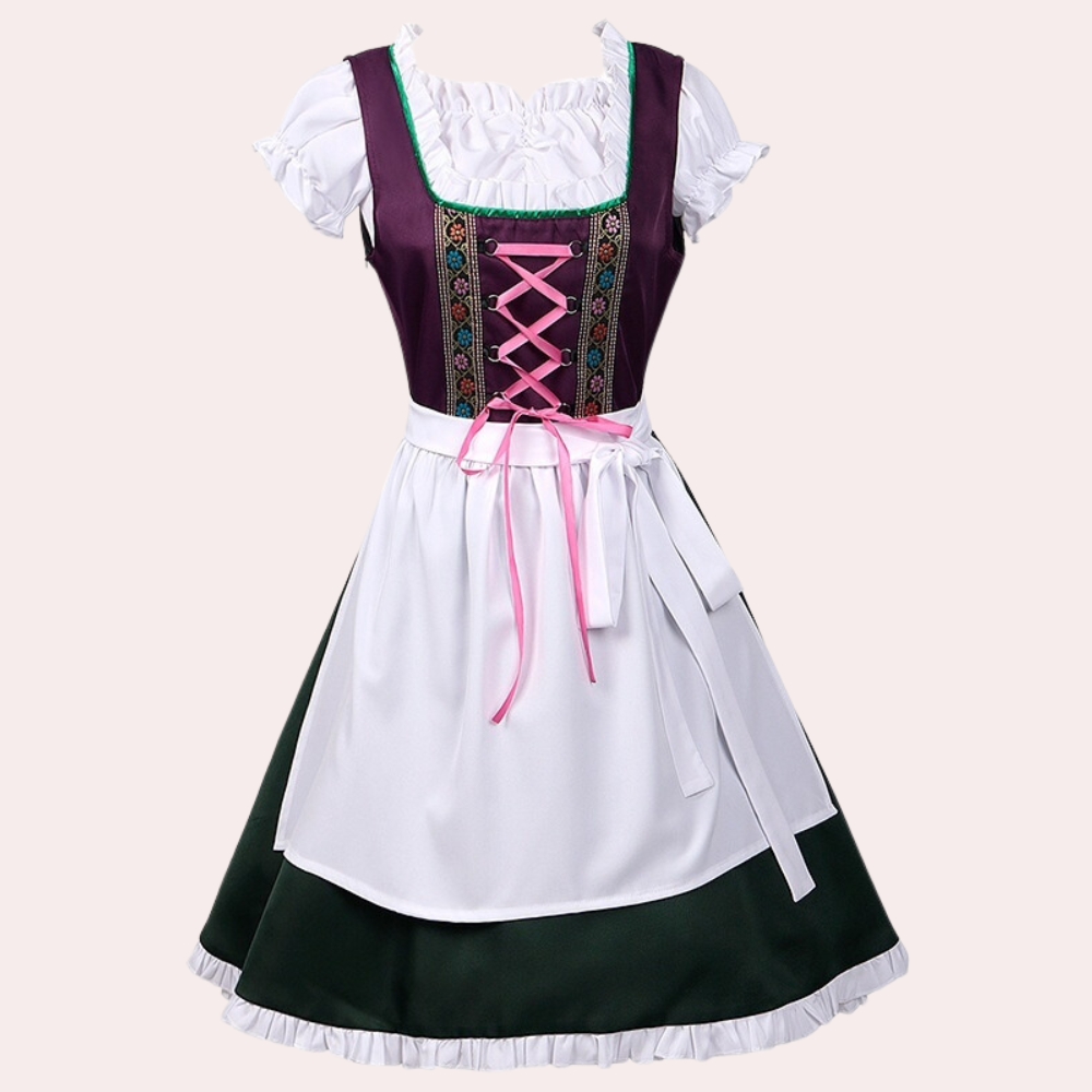 Traditionele Duitse dirndl jurk met paarse top, witte blouse en schort, groene rok. Ideaal voor Oktoberfest, bierfeest, Beierse kleding.