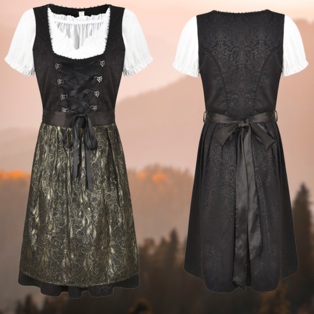 Zwarte dirndl jurk met witte blouse en gouden details, traditionele Beierse kleding, perfect voor Oktoberfest en culturele evenementen.