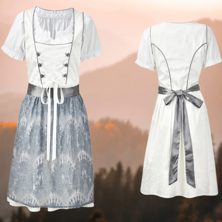 Witte dirndl jurk met grijze kanten rok en strik, traditionele Beierse kleding, perfect voor Oktoberfest, damesmode, elegant en stijlvol ontwerp.