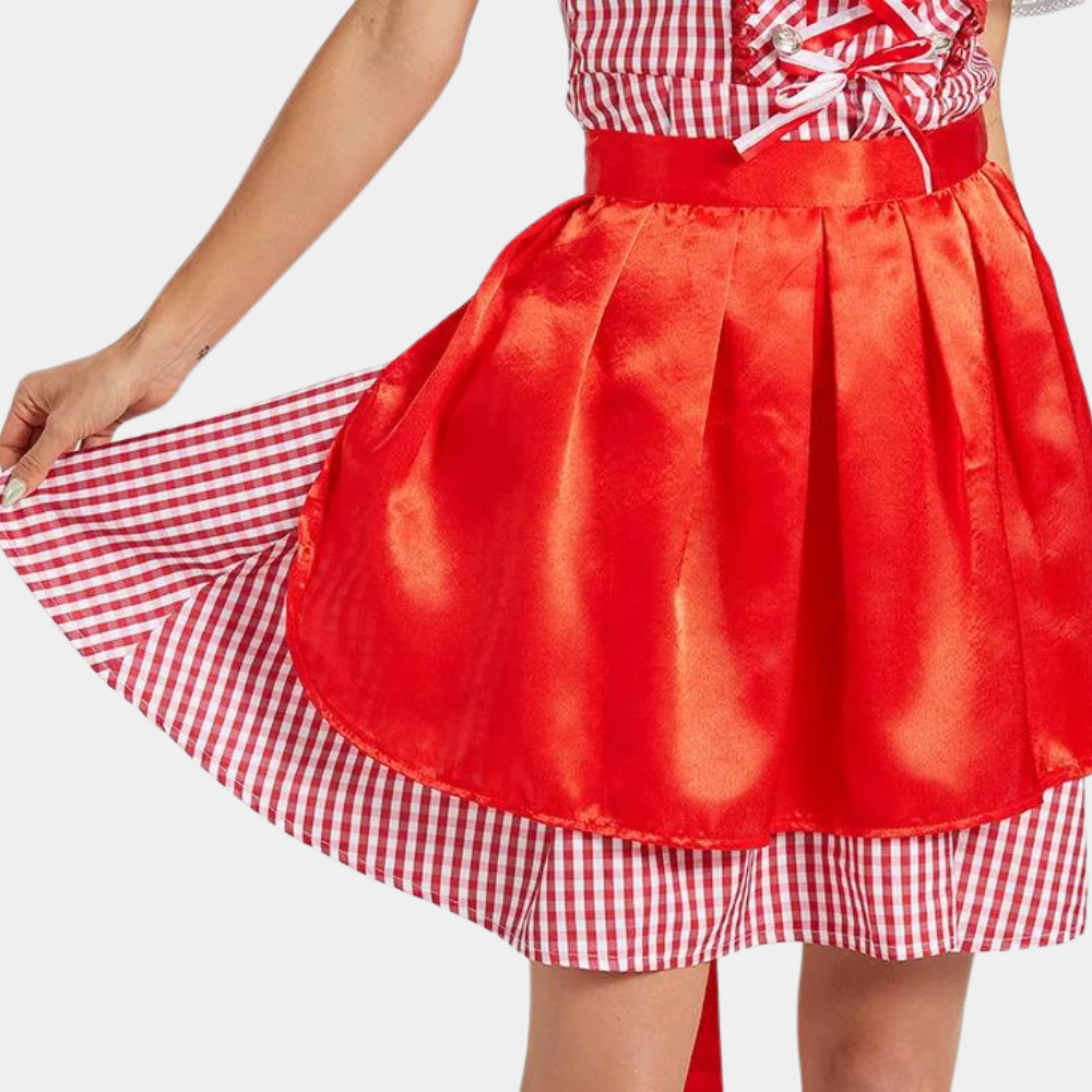 Rood-wit geruite jurk met satijnen schort, damesmode, traditionele stijl, feestkleding, detail van striksluiting en geplooide rok.