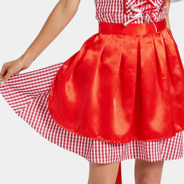Rood-wit geruite jurk met satijnen schort, damesmode, traditionele stijl, feestkleding, detail van striksluiting en geplooide rok.