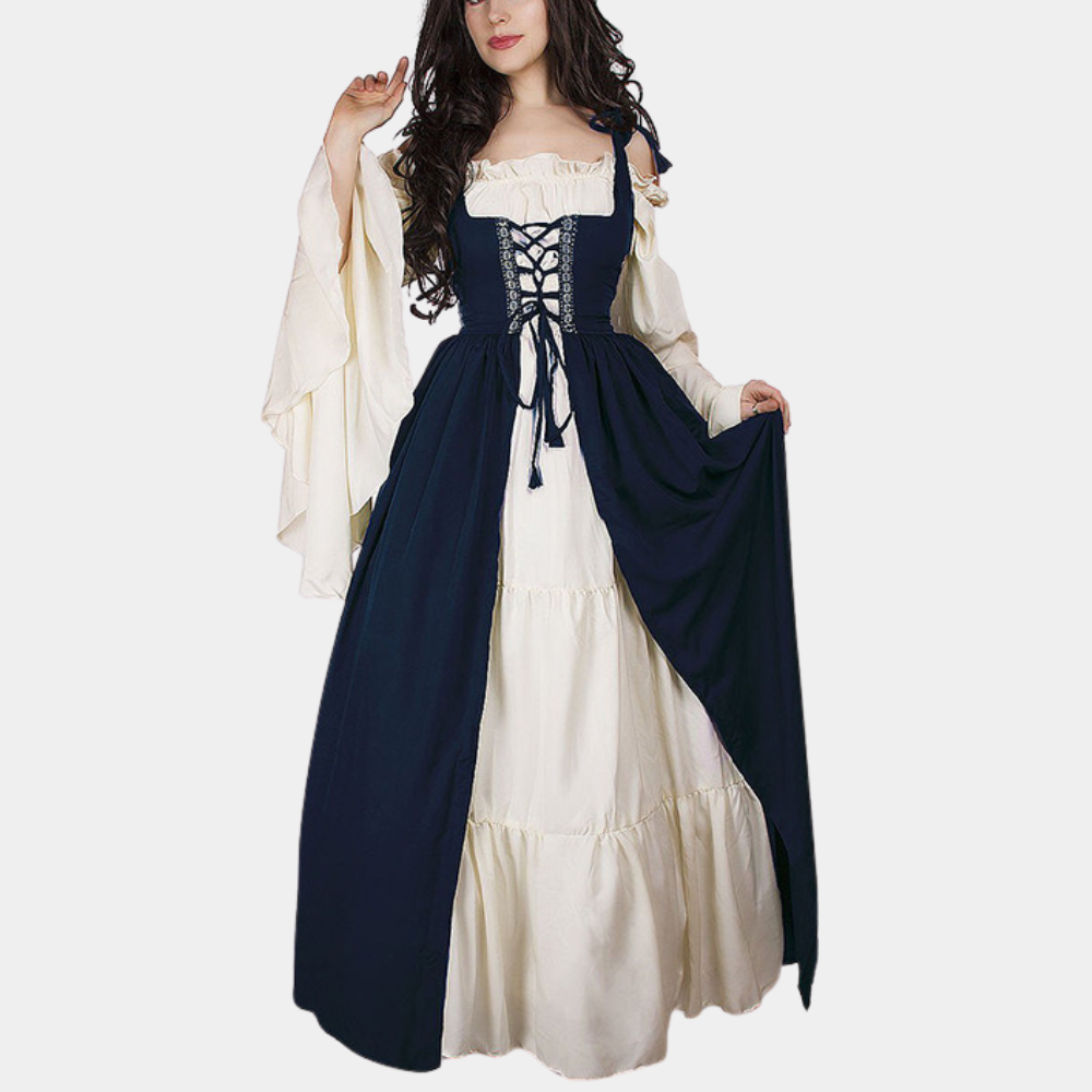 Blauwe en witte middeleeuwse jurk met korset en wijde mouwen, ideaal voor historische evenementen en cosplay. Elegante vintage damesmode.
