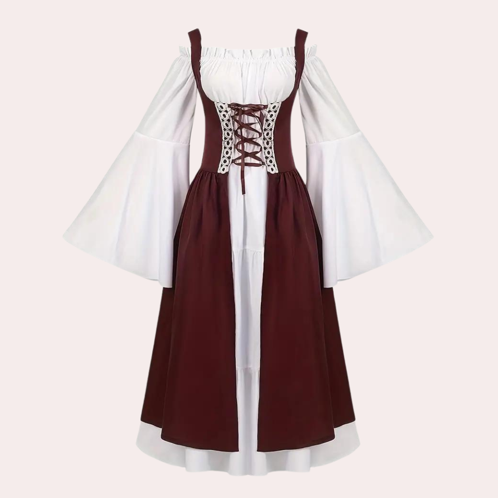 Bourgondische middeleeuwse jurk met witte pofmouwen en korsetvetering, historische kleding, renaissance stijl, dameskostuum.