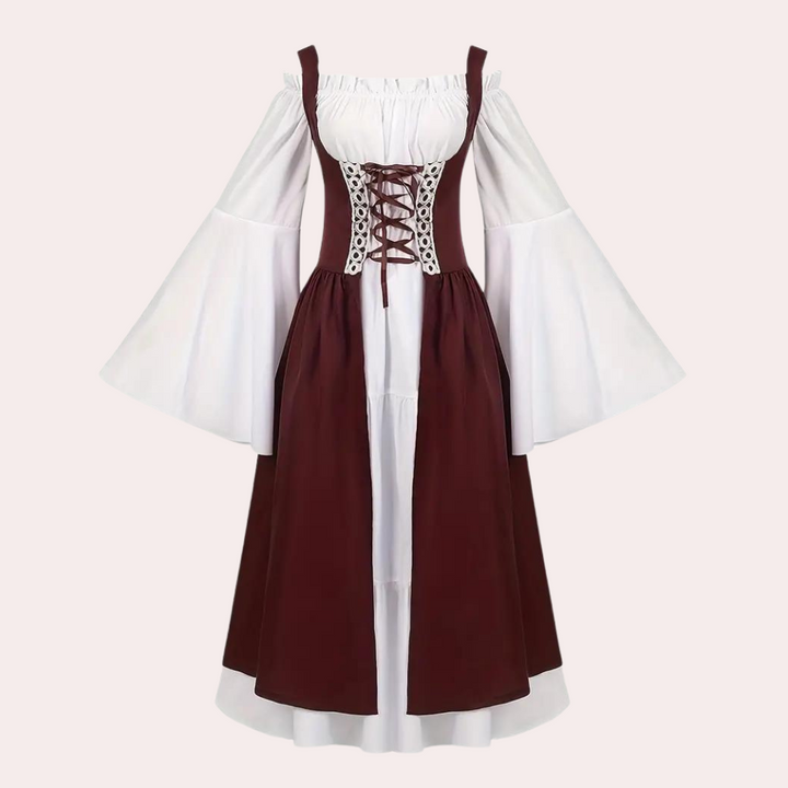 Bourgondische middeleeuwse jurk met witte pofmouwen en korsetvetering, historische kleding, renaissance stijl, dameskostuum.