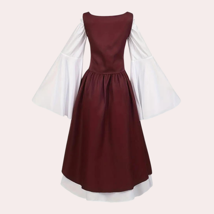 Bordeaux middeleeuwse jurk met wijde witte mouwen, elegante historische kleding, renaissance stijl, perfect voor kostuumfeesten en evenementen.