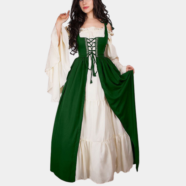 Groene middeleeuwse jurk met witte onderjurk, lange mouwen en veterdetail. Perfect voor historische evenementen en cosplay.