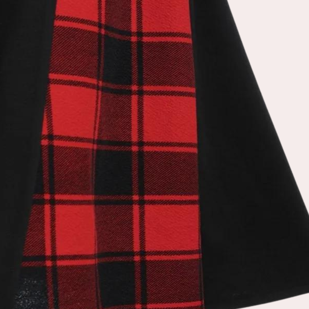 Rode en zwarte geruite rok, Schotse ruit patroon, damesmode, stijlvolle kleding, trendy design, herfst-winter collectie.