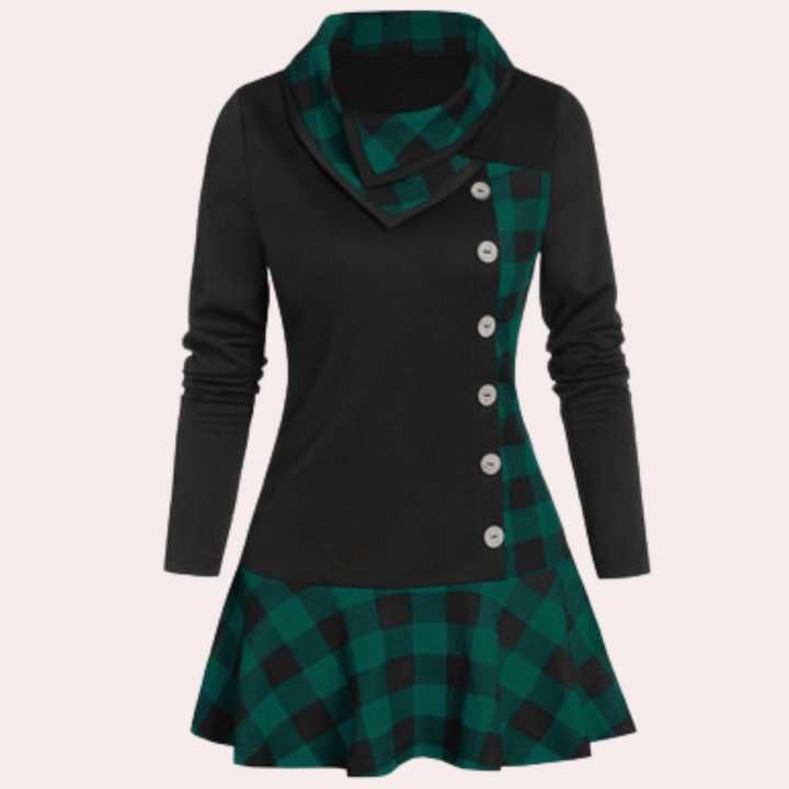 Groene en zwarte geruite damesjurk met knopen, lange mouwen en asymmetrische kraag. Modieuze winterjurk, ideaal voor casual en feestelijke gelegenheden.