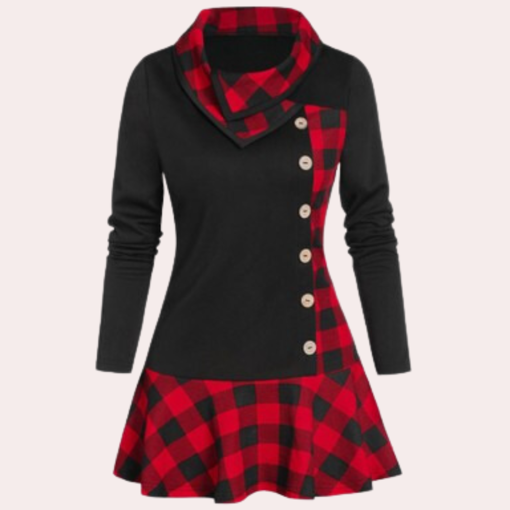 Rode en zwarte geruite damesjurk met knopen, lange mouwen en asymmetrische kraag. Modieuze winterjurk, ideaal voor casual en feestelijke gelegenheden.