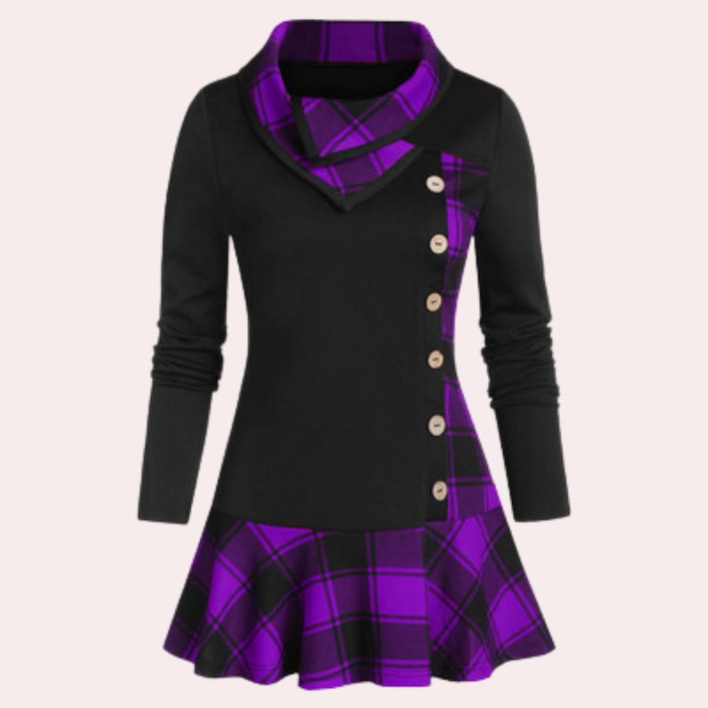 Zwart-violet geruite jurk met asymmetrische knopen en lange mouwen, stijlvolle damesmode, trendy herfstkleding, unieke designjurk.