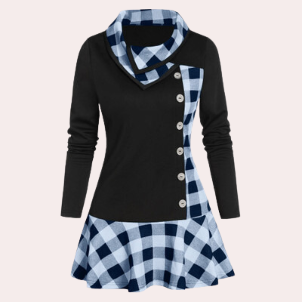 Zwart-wit geruite damesjurk met knopen, lange mouwen en colkraag. Modieuze winterjurk, ideaal voor casual en formele gelegenheden.
