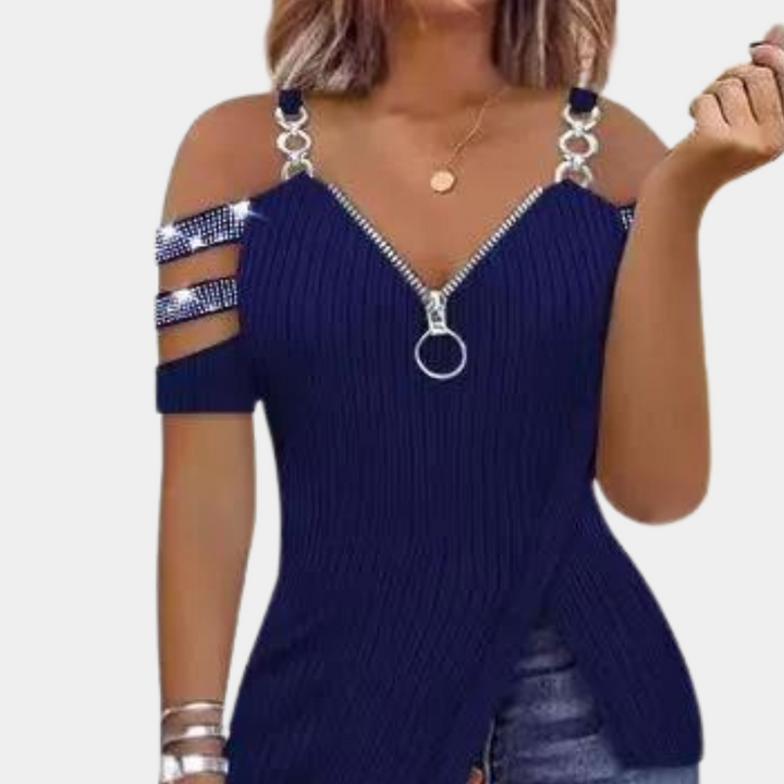 Blauwe damestrui met ritssluiting, off-shoulder ontwerp en metalen ringen. Modieuze top voor casual en trendy outfits. Perfect voor dagelijks gebruik.