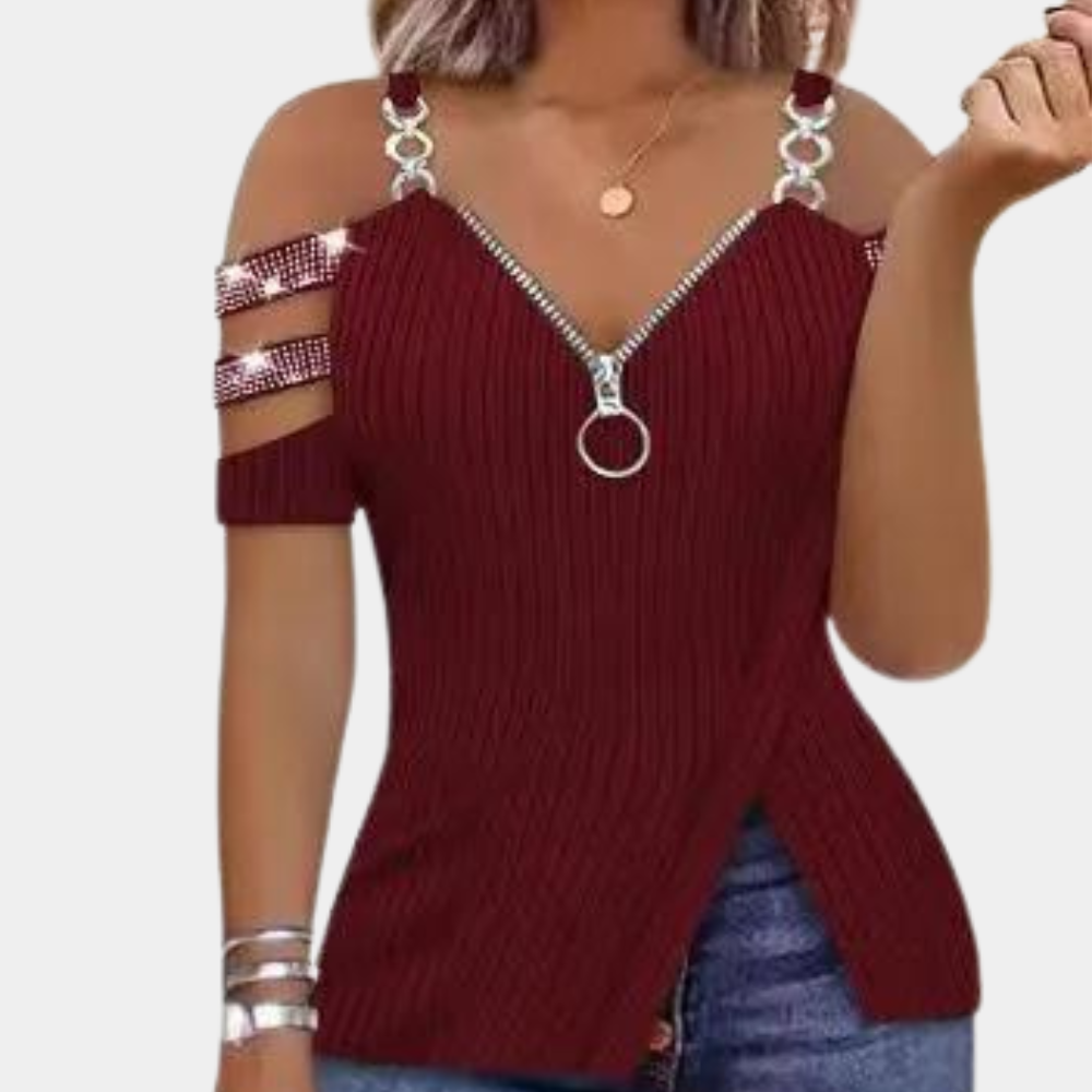 Wijnrode dames top met ritssluiting, off-shoulder ontwerp en decoratieve bandjes. Modieuze kleding voor casual en avondkleding.