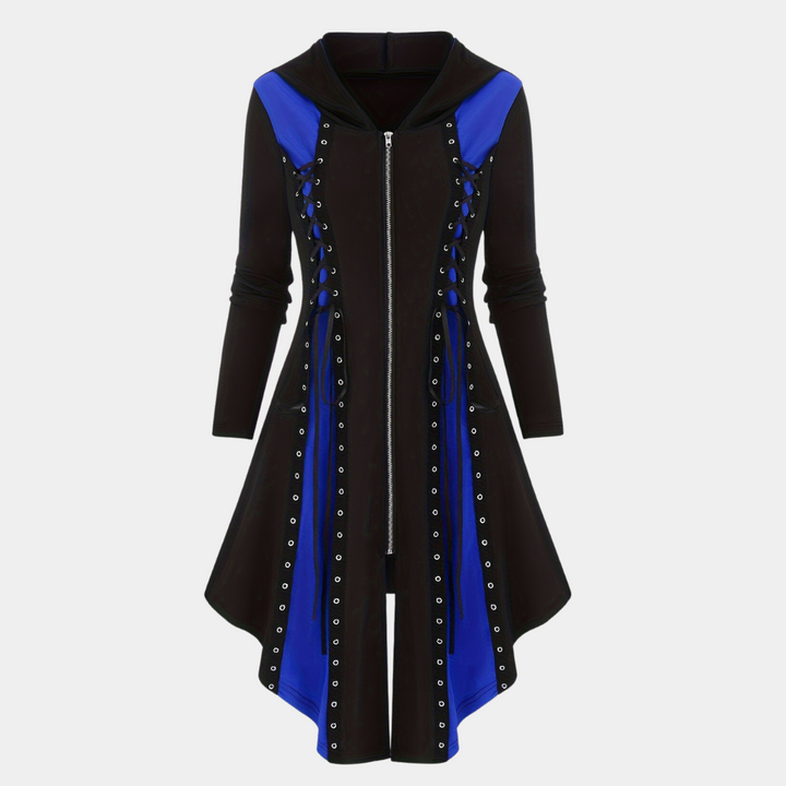 Zwarte en blauwe asymmetrische jurk met ritssluiting en veterdetails, lange mouwen. Modieuze dameskleding, gothic stijl, unieke designjurk.