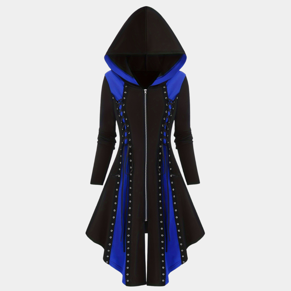 Zwarte en blauwe gotische hoodie-jurk met capuchon, ritssluiting en decoratieve metalen ringen. Ideaal voor alternatieve mode en cosplay.