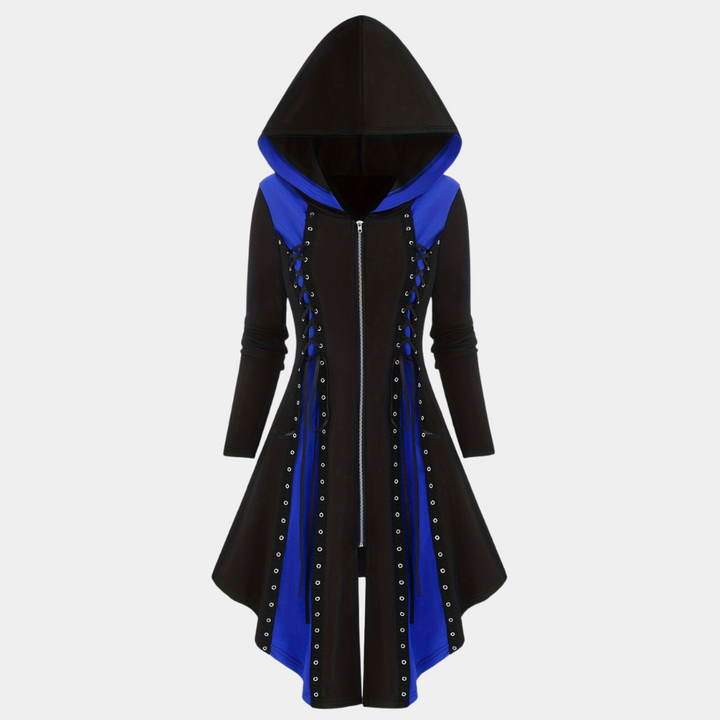 Zwarte en blauwe gotische hoodie-jurk met capuchon, ritssluiting en decoratieve metalen ringen. Ideaal voor alternatieve mode en cosplay.
