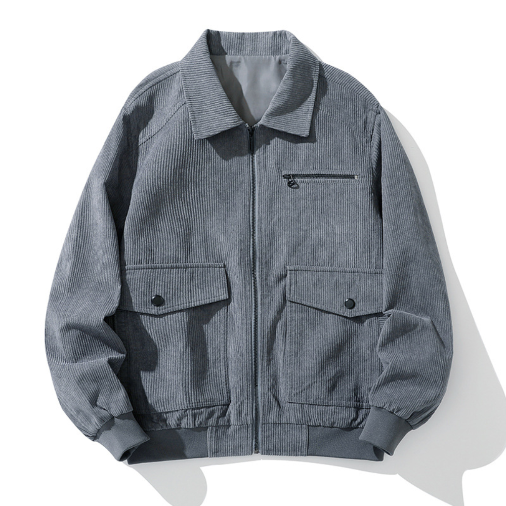 Grijze corduroy jas met ritssluiting, borstzak en twee voorzakken. Stijlvolle herenjassen, herfstmode, casual kleding.