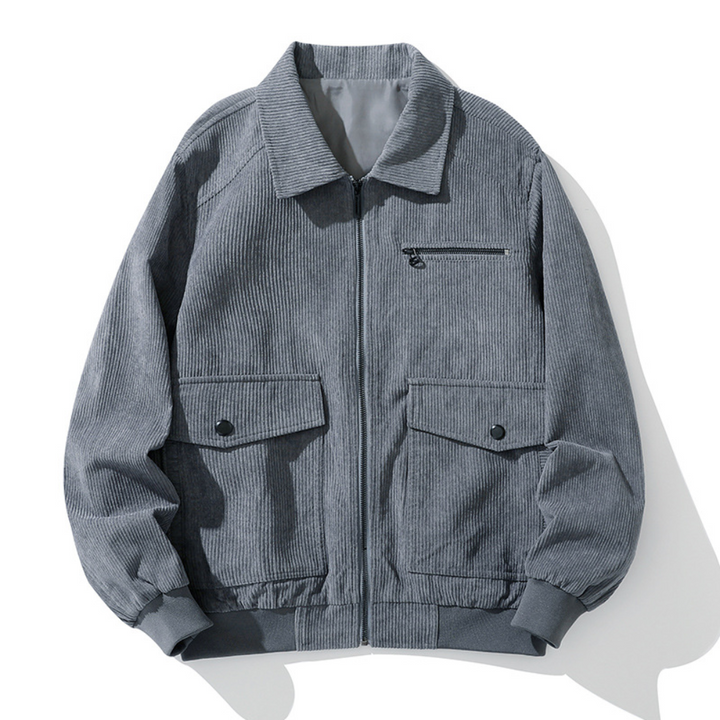 Grijze corduroy jas met ritssluiting, borstzak en twee voorzakken. Stijlvolle herenjassen, herfstmode, casual kleding.