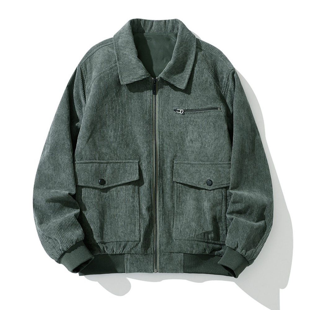 Groene corduroy jas met ritssluiting, borstzak en twee voorzakken. Stijlvolle herenjassen, herfstmode, comfortabele buitenkleding.