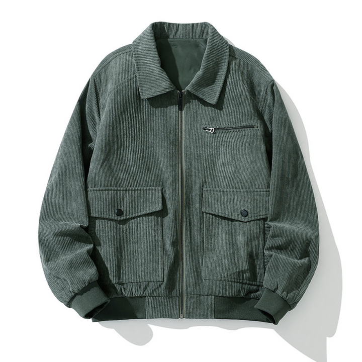 Groene corduroy jas met ritssluiting, borstzak en twee voorzakken. Stijlvolle herenjassen, herfstmode, comfortabele buitenkleding.