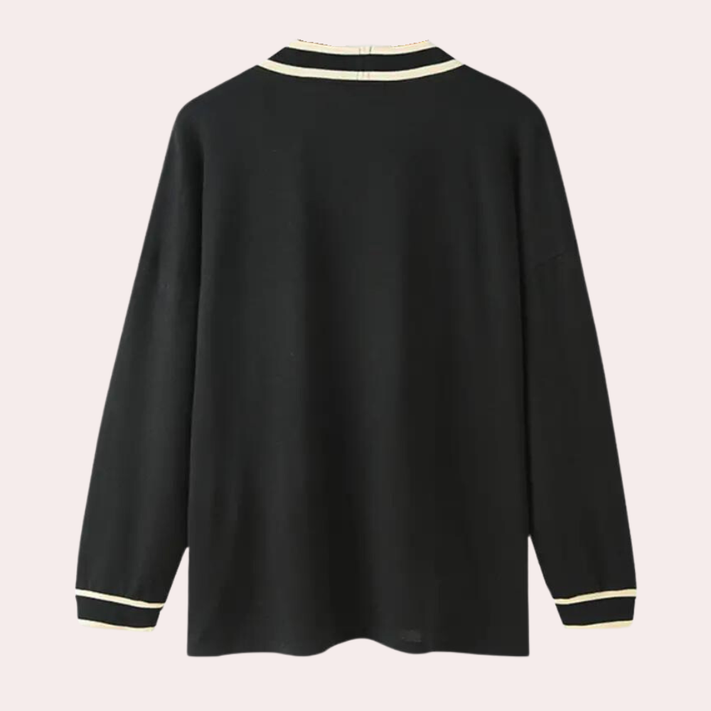 Zwarte trui met lange mouwen en witte strepen op kraag en manchetten, minimalistisch design, unisex mode, casual kleding, achterkant.