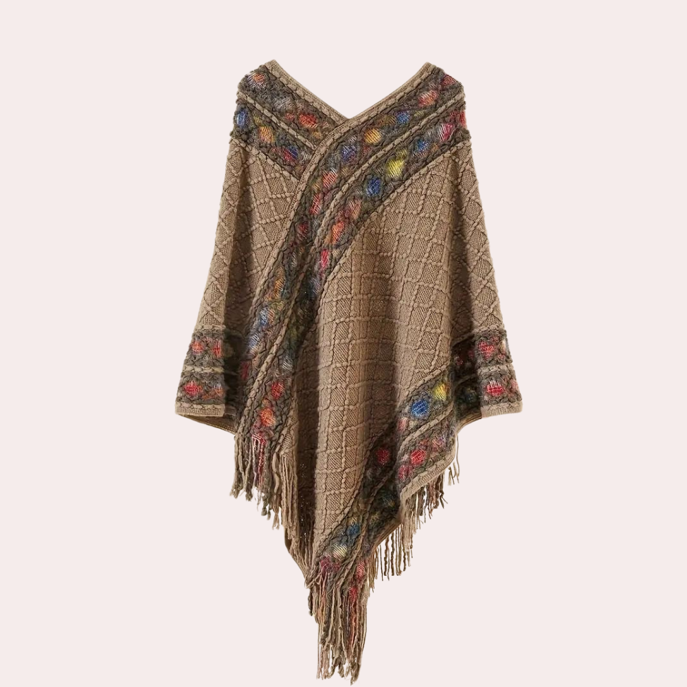 Khaki poncho met kleurrijke gebreide patronen en franjes, bohemian stijl. Perfect voor herfstmode, warme en stijlvolle dameskleding.