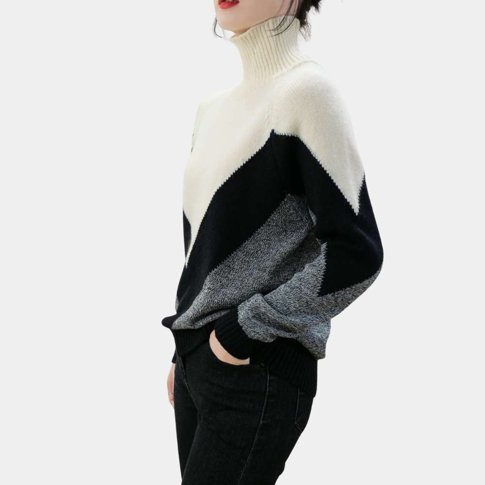 Damestrui met col, zwart-wit geometrisch patroon, lange mouwen. Modieuze winterkleding, comfortabele pasvorm, geschikt voor casual outfits.