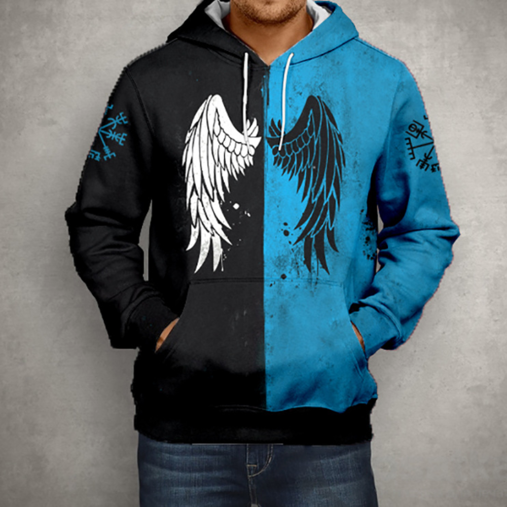 Zwart-blauwe hoodie met engelenvleugels en runen, unisex design, casual streetwear, comfortabele pasvorm, ideaal voor modebewuste jongeren.