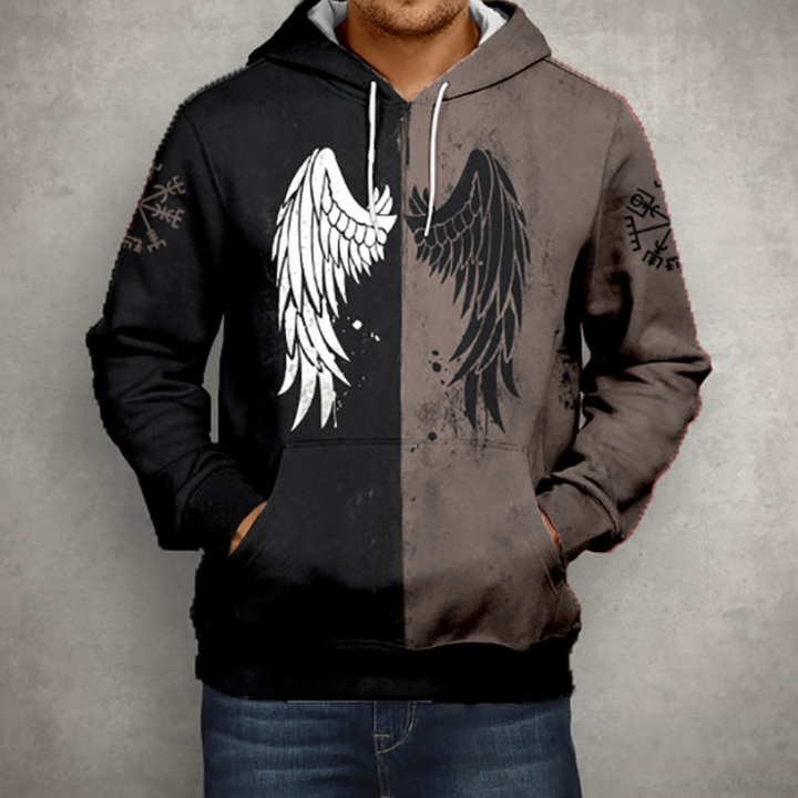 Grijze hoodie met zwart-wit engelenvleugels, asymmetrisch ontwerp, runenprint op mouwen, casual streetwear, unisex mode, comfortabele pasvorm.