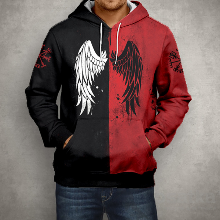 Zwart-rode hoodie met engelenvleugels en runen, unisex streetwear, casual mode, comfortabele pasvorm, grafisch ontwerp, urban stijl.