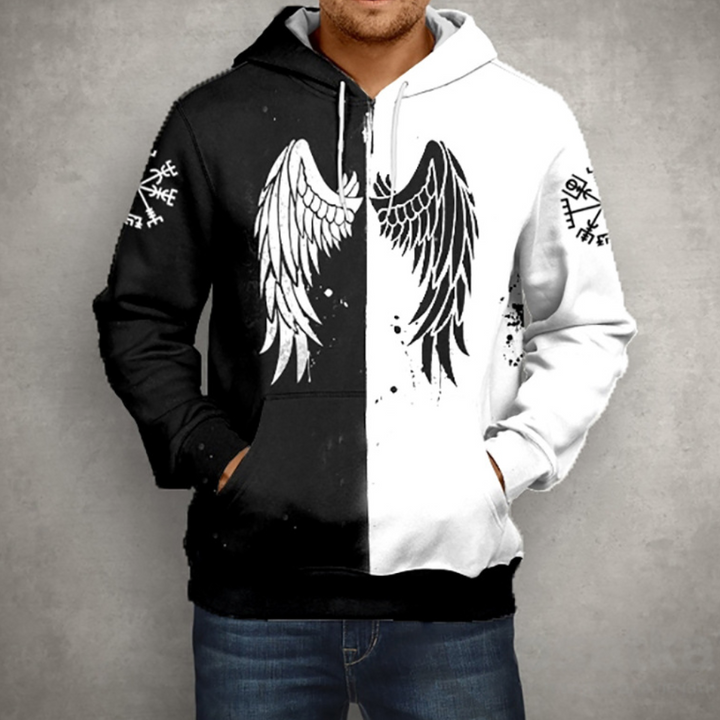 Zwart-witte hoodie met engelenvleugels en runesymbolen, unisex design, casual streetwear, geschikt voor herfst en winter, comfortabele pasvorm.