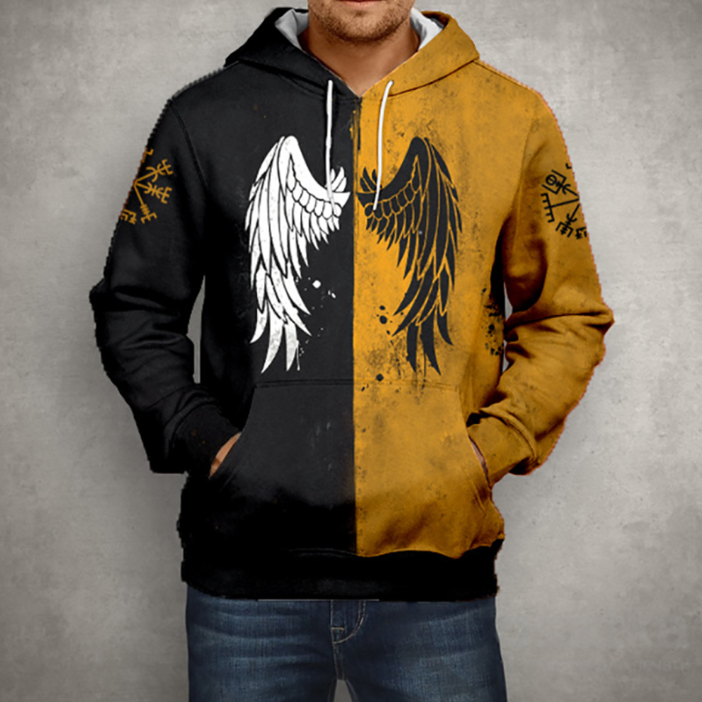 Herenhoodie met zwart-gele vleugeldesign, asymmetrisch patroon, runesymbolen op mouwen, casual streetwear, comfortabele pasvorm.