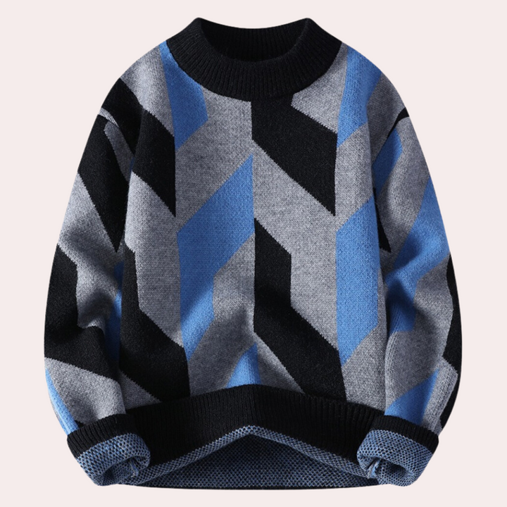 Zwart-blauwe geometrische trui met grijze accenten, gebreid patroon, ronde hals. Moderne herentrui, wintermode, warme kleding.