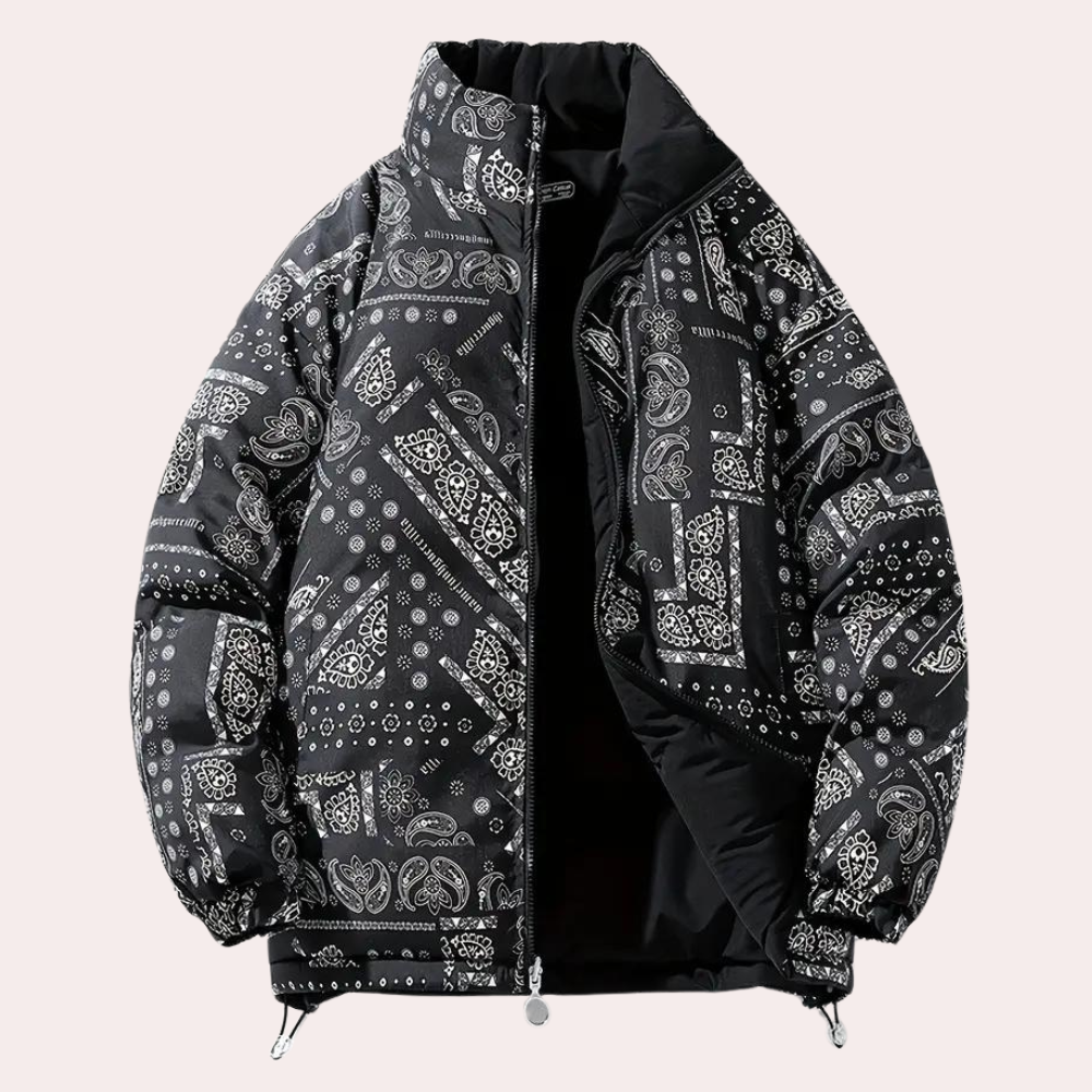 Zwarte gewatteerde jas met paisley-patroon, unisex winterjas, modieuze streetwear, warme en comfortabele buitenkleding, ritssluiting, lange mouwen.