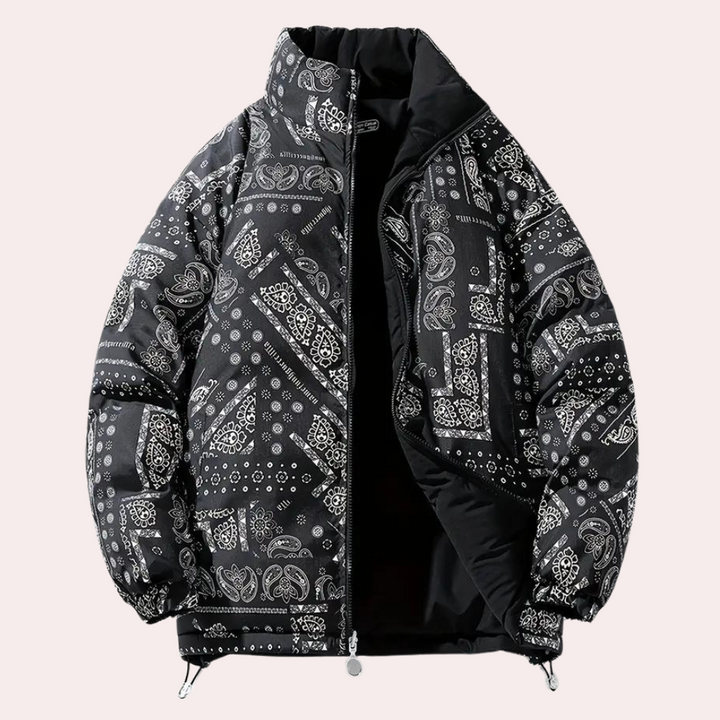 Zwarte gewatteerde jas met paisley-patroon, unisex winterjas, modieuze streetwear, warme en comfortabele buitenkleding, ritssluiting, lange mouwen.