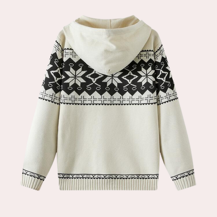 Crèmekleurige hoodie met zwart Noors patroon, unisex wintertrui, warme gebreide stof, casual mode, comfortabele pasvorm, trendy design.
