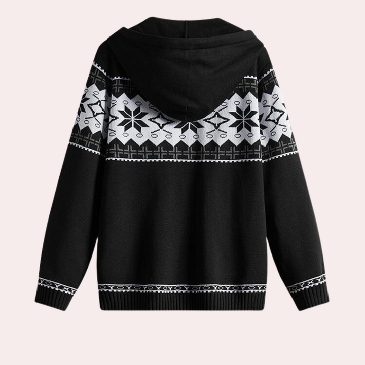 Zwarte gebreide hoodie met witte Noorse print, unisex wintertrui, warme casual kleding, comfortabele pasvorm, modieuze wintermode.