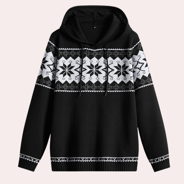 Zwarte hoodie met wit Noors patroon, unisex wintertrui, warme gebreide stof, casual mode, comfortabele pasvorm, ideaal voor koude dagen.