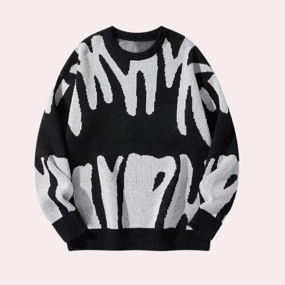 Zwart-witte trui met abstract patroon, ronde hals en lange mouwen. Modieuze herentrui, geschikt voor casual en winterkleding.