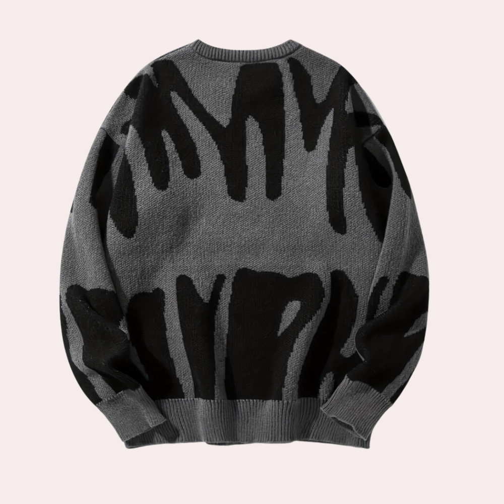 Grijze trui met abstract zwart patroon, lange mouwen en ronde hals. Modieuze herentrui, comfortabele pasvorm, ideaal voor casual winterkleding.