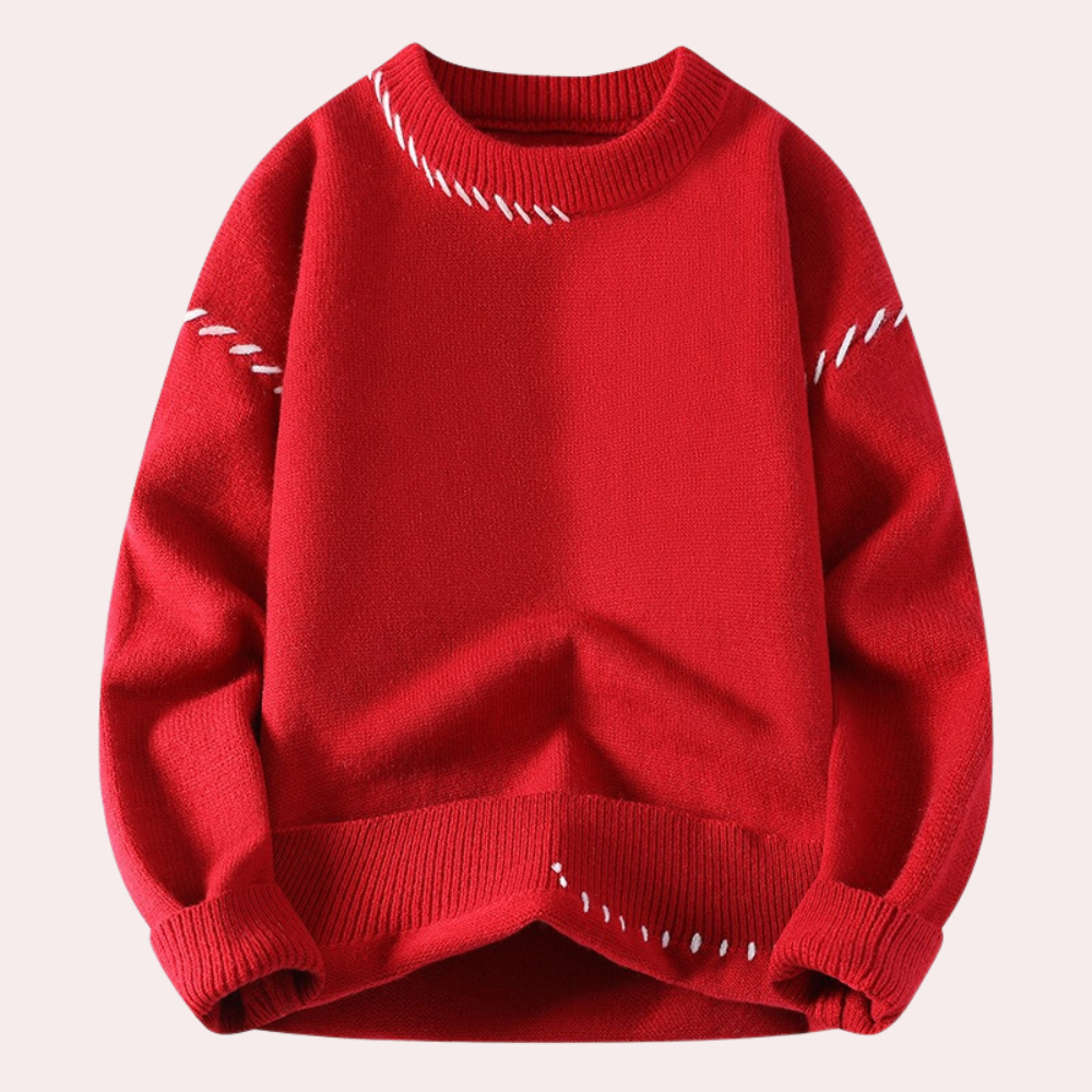 Rode trui met witte stiksels, ronde hals en lange mouwen. Perfect voor wintermode, warme kleding, casual stijl. Unisex ontwerp, comfortabele pasvorm.