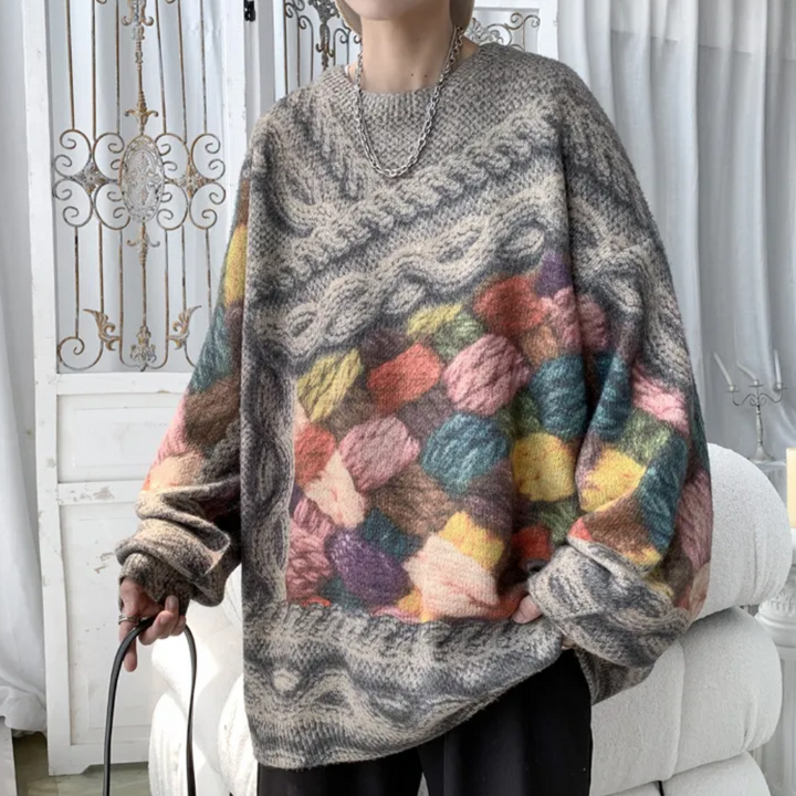Grofgebreide trui met kleurrijk ruitpatroon, oversized pasvorm, uniseks design, ideaal voor herfstmode, warme en comfortabele stijl.