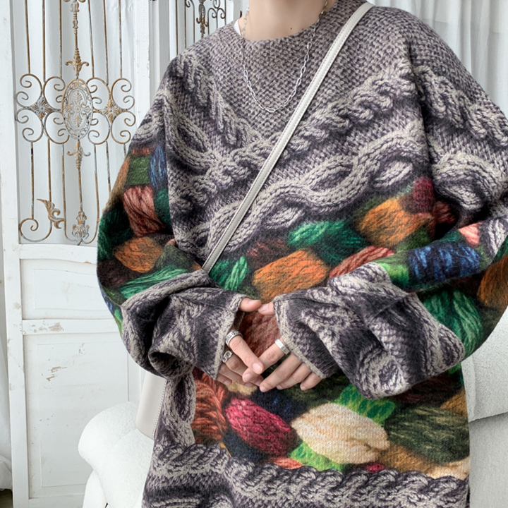 Grofgebreide trui met kleurrijk garenpatroon, oversized pasvorm, ideaal voor herfstmode. Comfortabele dameskleding, trendy en warm.