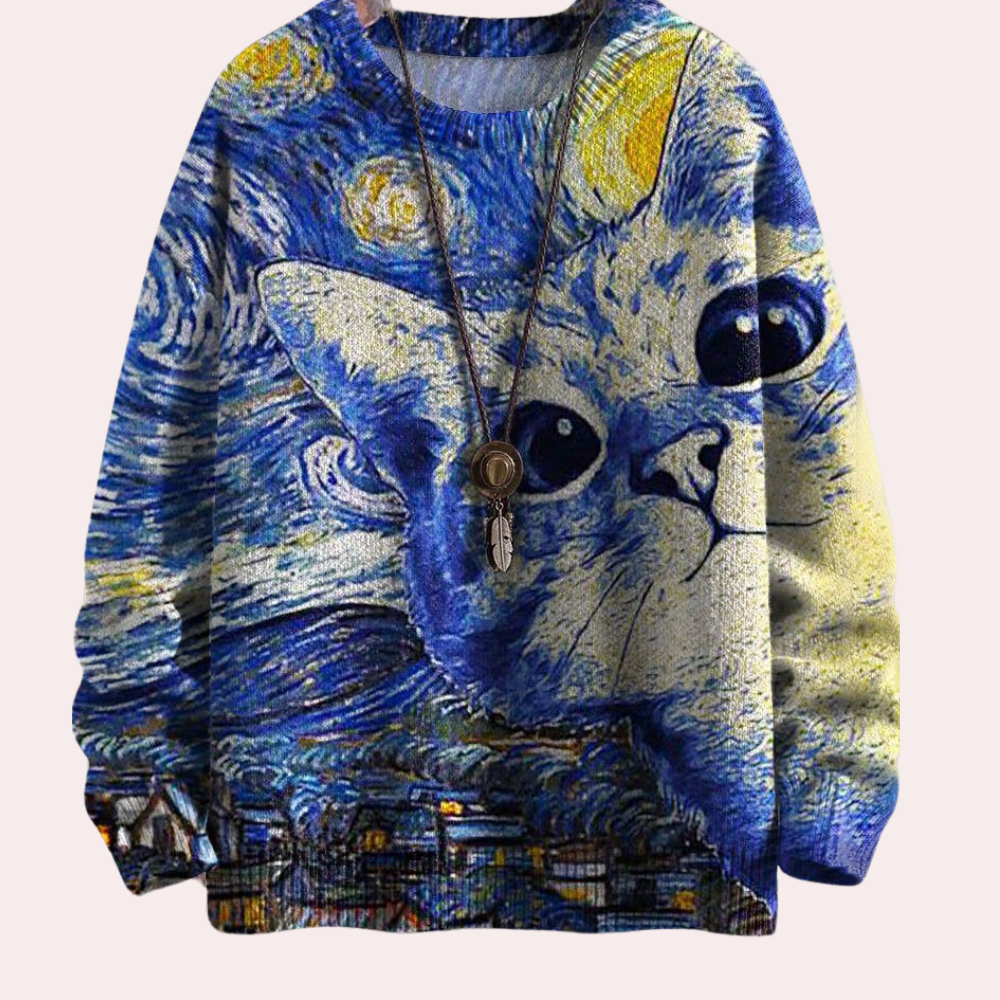 Blauwe trui met kattenprint in Van Gogh-stijl, sterrennacht thema. Unieke damesmode, creatieve kleding, kunstzinnige sweater, trendy design.