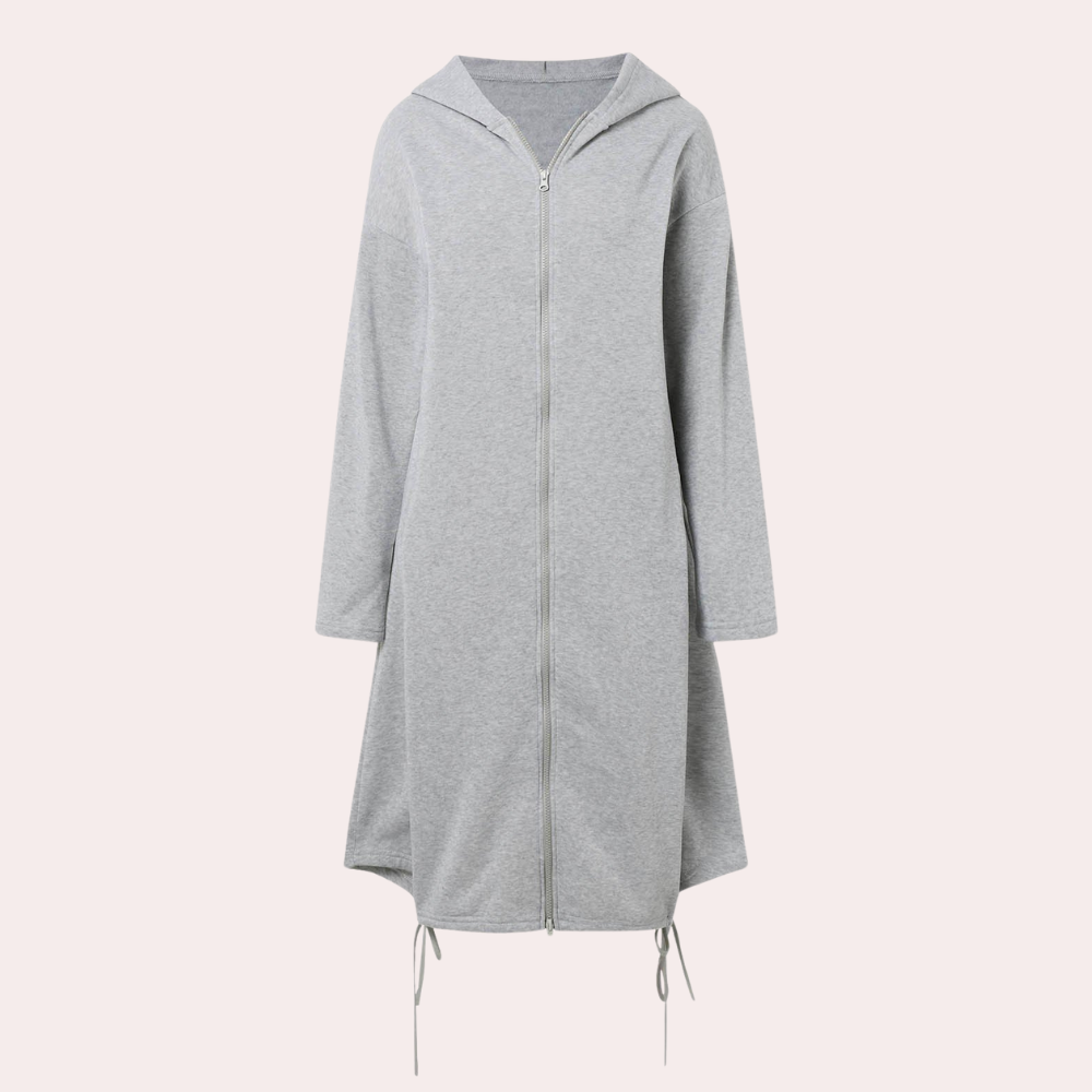 Grijze dames hoodie jurk met capuchon en ritssluiting, lange mouwen, casual stijl. Perfect voor dagelijks gebruik en comfortabele mode.