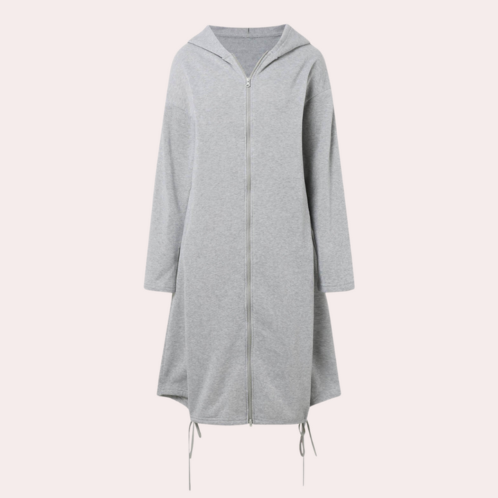 Grijze dames hoodie jurk met capuchon en ritssluiting, lange mouwen, casual stijl. Perfect voor dagelijks gebruik en comfortabele mode.