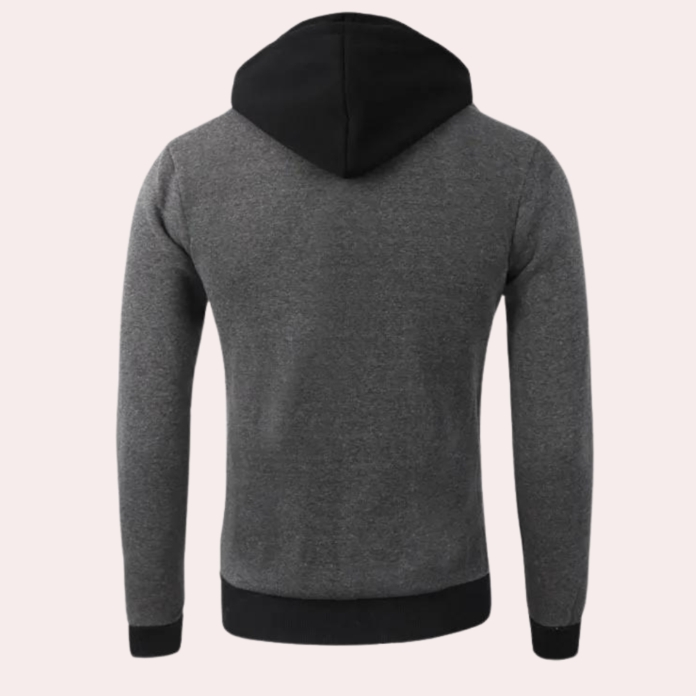Grijze hoodie met zwarte capuchon, rugaanzicht. Comfortabele heren sweater, casual kleding, ideaal voor dagelijks gebruik.