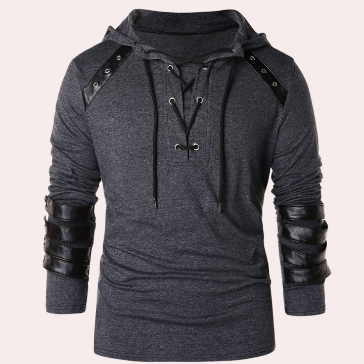 Donkergrijze hoodie met leren accenten, veterdetails en lange mouwen. Modieuze herenkleding, ideaal voor casual en urban streetwear.